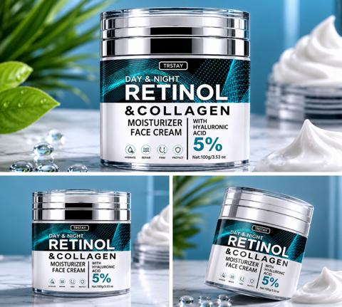 Crème hydratante visage Evorria avec rétinol et collagène, texture riche à l'acide hyaluronique pour hydratation intense jour et nuit