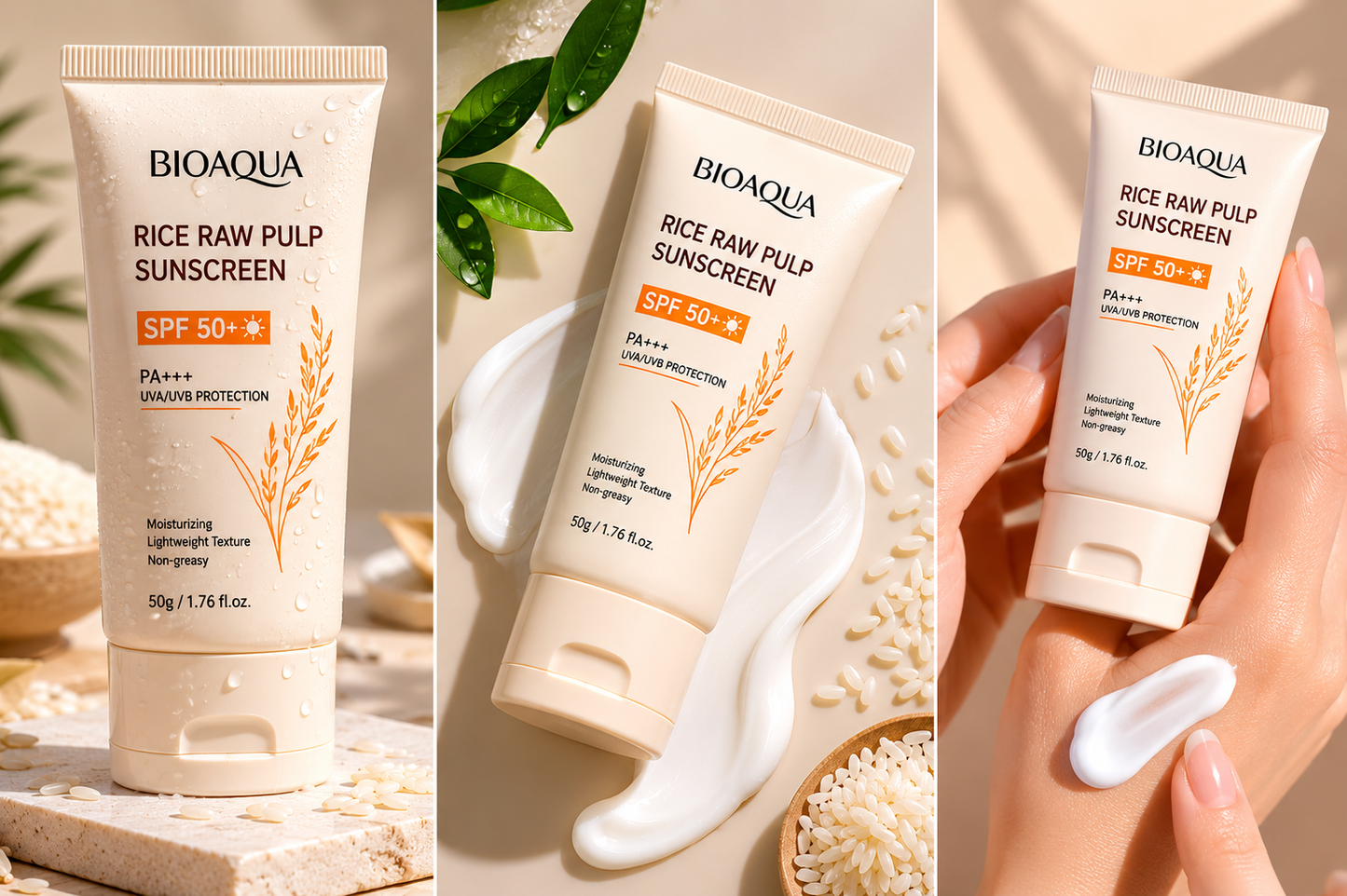Crème solaire BIOAQUA à base de pulpe de riz avec SPF 50+ PA+++, hydratante et protectrice pour la peau.