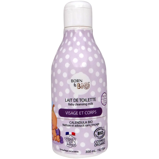 Lait de toilette pour bébé Born to Bio, certifié bio, avec flacon blanc et étiquette, pour peau douce et délicate.