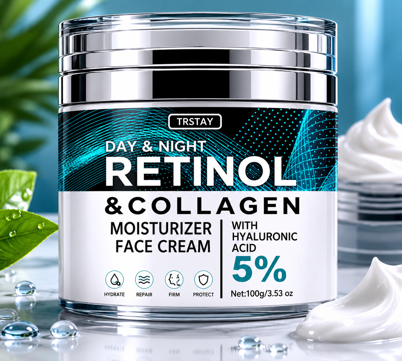 Crème hydratante visage Evorria avec rétinol et collagène, hydratation intense jour et nuit à l’acide hyaluronique