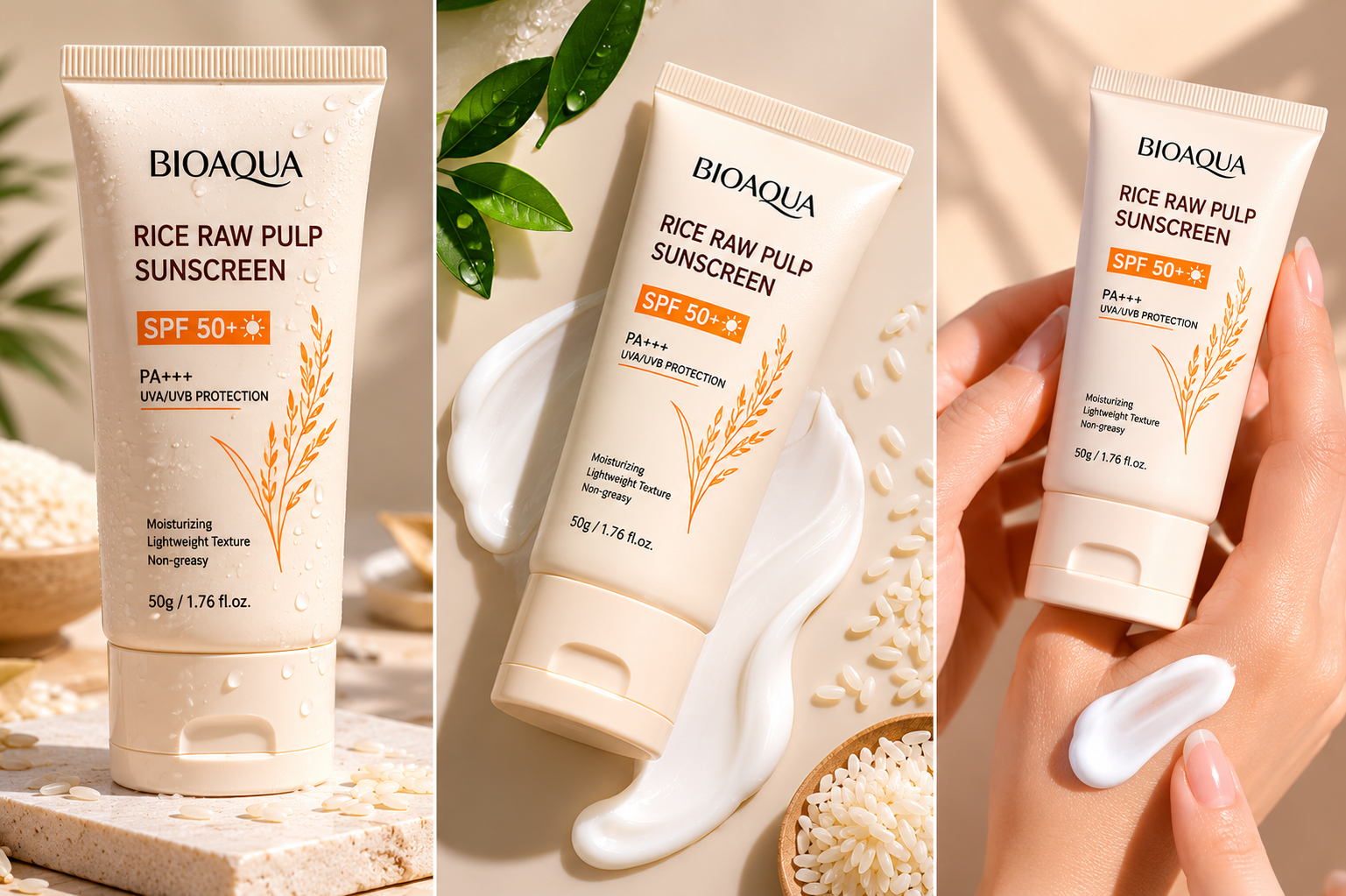 Crème solaire BIOAQUA à base de pulpe de riz avec SPF 50+ PA+++, hydratante et protectrice pour la peau.