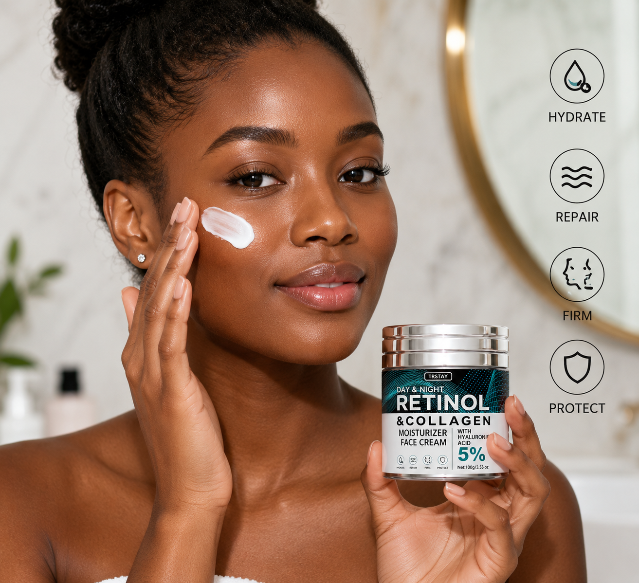 Crème hydratante visage Evorria au rétinol et collagène, avec acide hyaluronique, pour une hydratation intense jour et nuit.