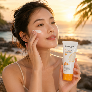 Crème solaire BIOAQUA à base de pulpe de riz SPF 50+ PA+++, Evorria, pour protéger la peau du soleil.