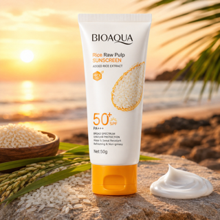 Crème solaire BIOAQUA à base de pulpe de riz, SPF 50+ PA+++ de la marque Evorria, avec tube blanc et étiquette verte.